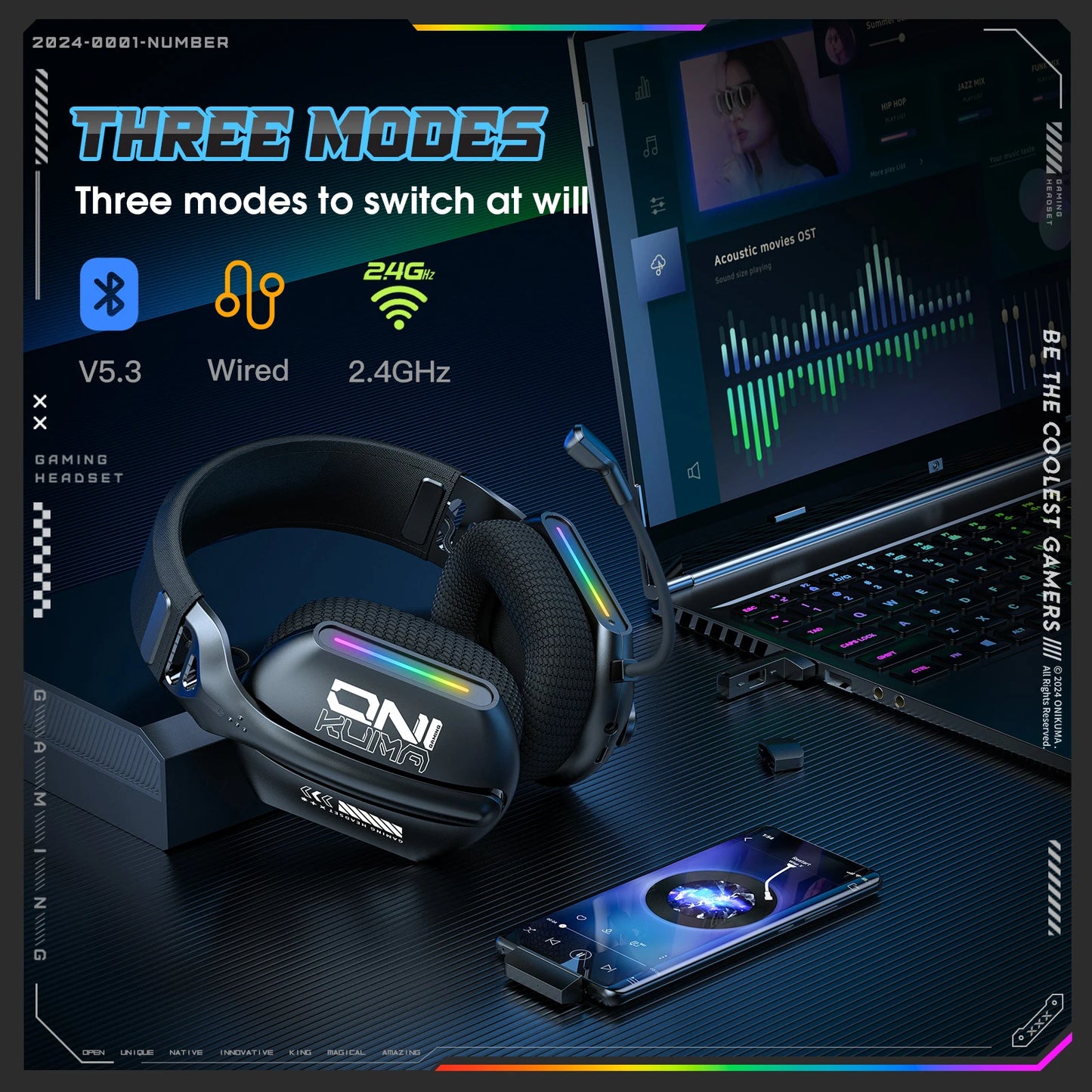 Onikuma Gt808 Tres modos con micrófono E-Sports Auriculares inalámbricos para juegos Iluminación Rgb Compatible con Bluetooth 5.3 / 2.4g / Aux 3,5 mm