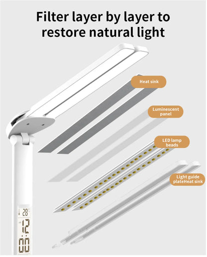 LED Desk Lamp, Dimmable Touch Folding Table Lamp with USB, Calendar, Temperature Clock, Night Light for Study, Reading Lamp