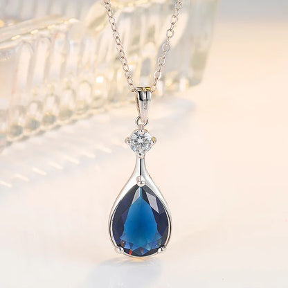 Collar de lujo para mujer, accesorios de joyería de plata 925, forma de gota de agua, colgante de piedras preciosas de circón de zafiro, regalo de fiesta de boda