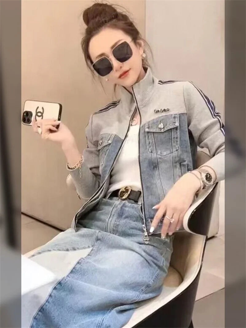 Otoño mujer cuello alto cremallera Denim abrigo coreano señoras Patchwork vaquero prendas de vestir 2025 mujer chaqueta vaquera de manga larga