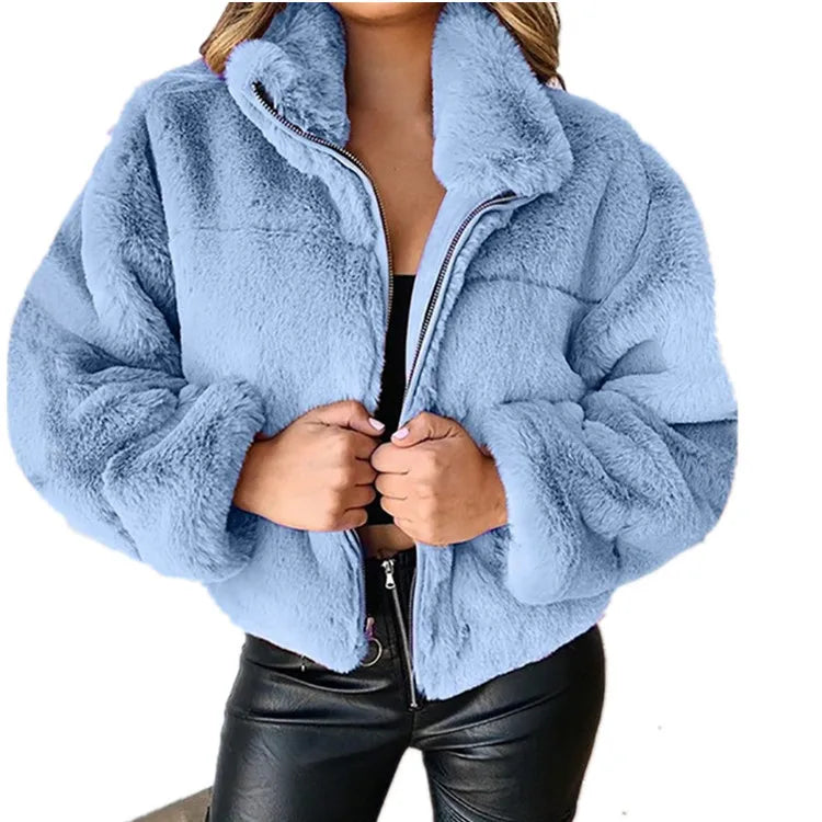 Women's warm winter jacket, zipper cardigan, faux fur, fashion, long sleeve, stand-up collar, plush coat for women