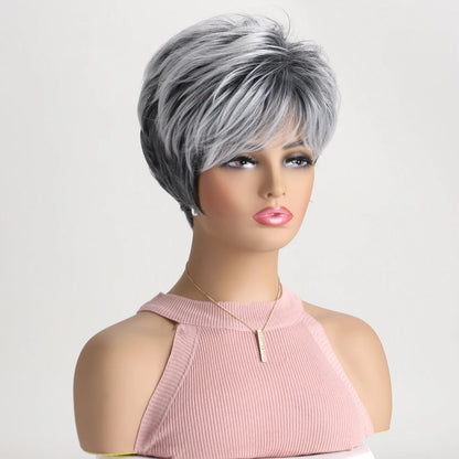Short natural wigs with bangs, soft hair for mom, daily use, short gray ombre curly synthetic hair, costume party wig for women