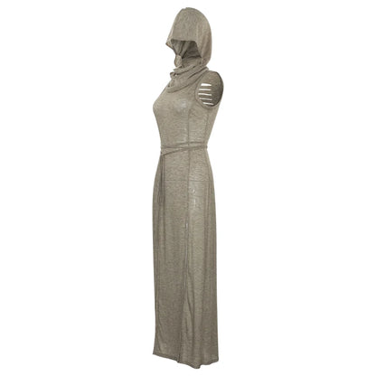 Verano Sexy estilo europeo y americano sin mangas vestido con capucha largo dividido ahueca hacia fuera el vestido de las mujeres de Color puro