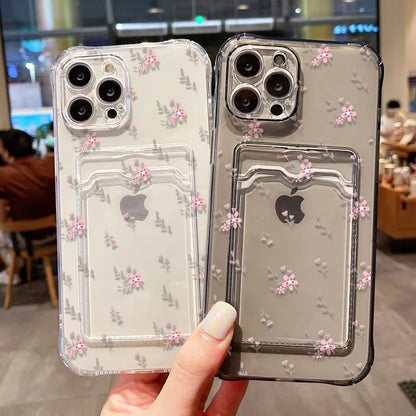 Funda de teléfono con soporte para tarjetas suaves para iPhone 13, 11, 16e, 15, 12, 14, 17, 16 Pro Max, 7 Plus, XR SE, funda transparente con flores estéticas