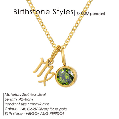 EManco - Birthstone Constellation Double Pendant Necklace, 12 Zircon Stainless Steel Jewelry, DIY Necklace.