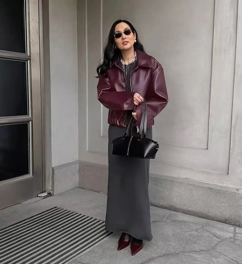 Otoño Invierno chaqueta de cuero Retro 2026 nueva chaqueta de cuero Pu para mujer solapa corta motocicleta abrigo suelto mujer abrigo de cuero de motorista