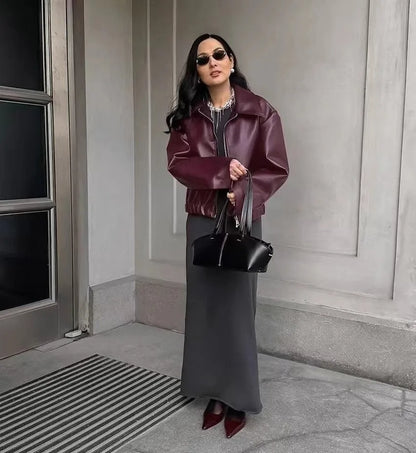 Otoño Invierno chaqueta de cuero Retro 2026 nueva chaqueta de cuero Pu para mujer solapa corta motocicleta abrigo suelto mujer abrigo de cuero de motorista