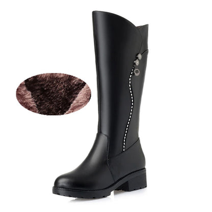 WOIZGIC Women's Genuine Leather Boots, Wool Platform Snow Plush Fur Warm Winter Mid-heel Zipper Plus Size 42 43