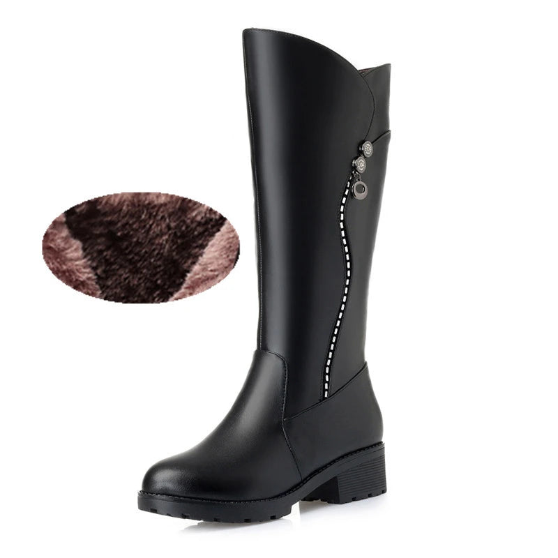 WOIZGIC Women's Genuine Leather Boots, Wool Platform Snow Boots, Plush Fur Warm Winter Mid-heel Zipper, Sizes 35-43