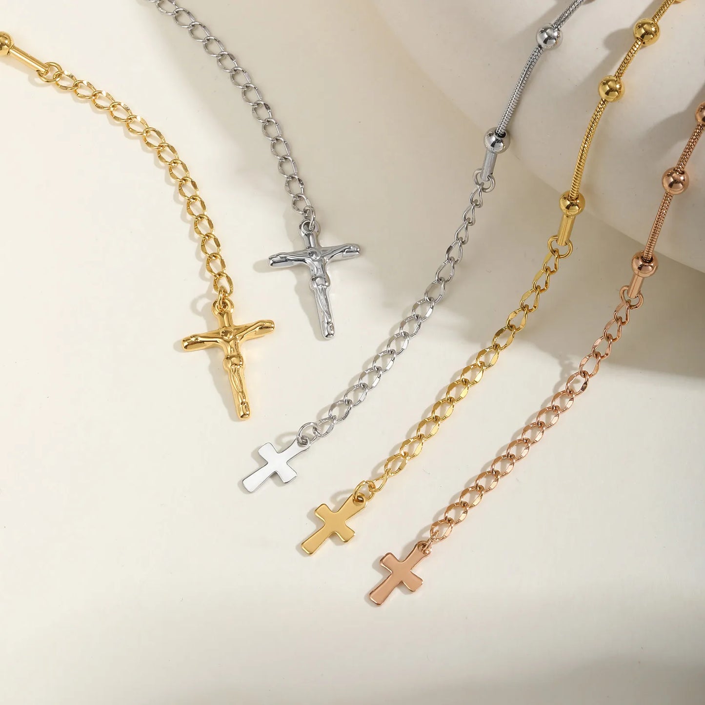Vnox-pulsera de Rosario para mujer y niña, brazalete de oración de la Virgen María, Cruz religiosa de acero inoxidable chapada en oro, regalos