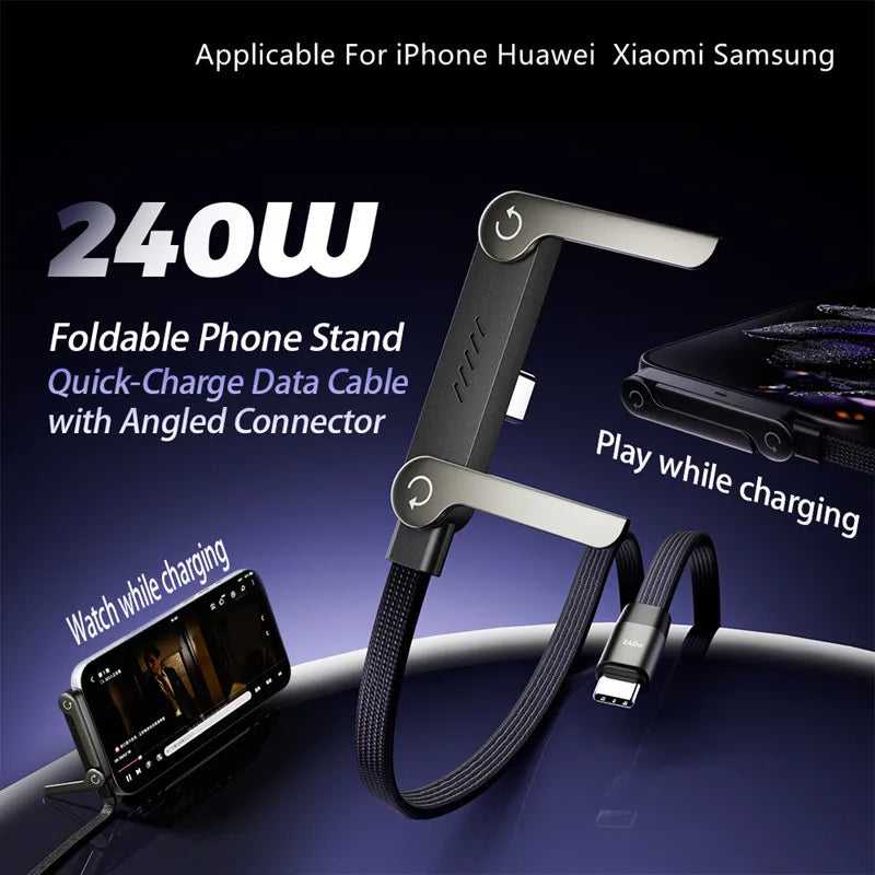 Cable de Datos Plegable con Carga Rápida PD de 240W y Soporte para Teléfono, 1.5m, Tipo C, para iPhone 17 16 15, Macbook, Samsung, Xiaomi, OPPO