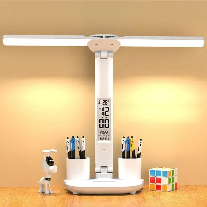 LED Desk Lamp, Dimmable Touch Folding Table Lamp with USB, Calendar, Temperature Clock, Night Light for Study, Reading Lamp