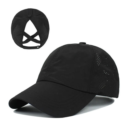 Gorra de béisbol de Color liso para mujer, sombrero de cola de caballo cruzada, malla de secado rápido, visera, Verano