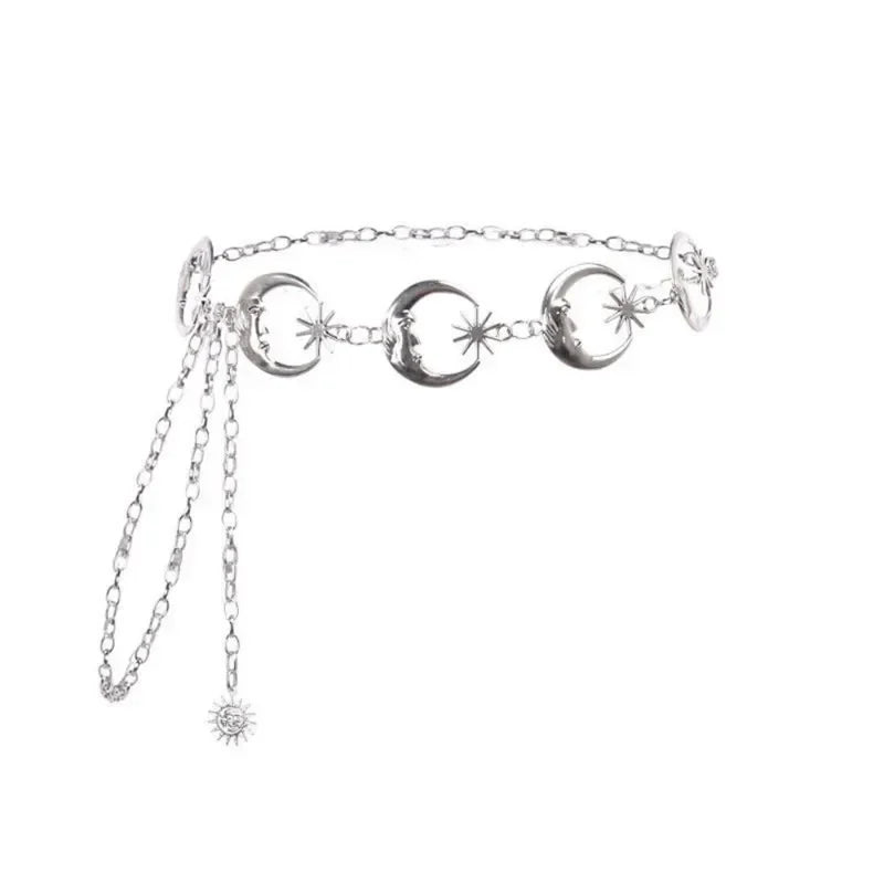 Cinturón de cadena dorada para mujer, cinturones de Metal con forma de luna y sol, pretina para vestido Punk, accesorio vaquero gótico, Ketting Riem largo.