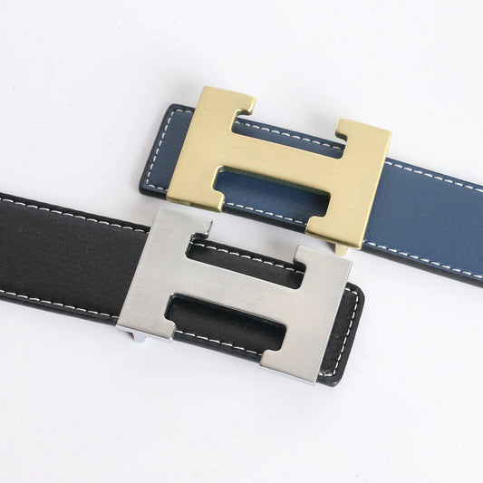 Vintage Luxury Designer Brand H Waist Belt for Men and Women, High-Quality Genuine Leather Dress Strap for Jeans, Blue Waistband