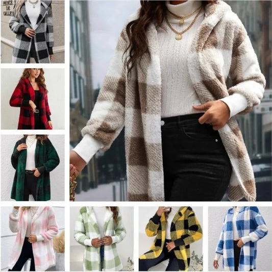 Women's Plaid Double-Wool Cardigan, Warm Plush Hooded Long-Sleeve Loose Soft Jacket, Women's Patchwork Coat, Autumn and Winter