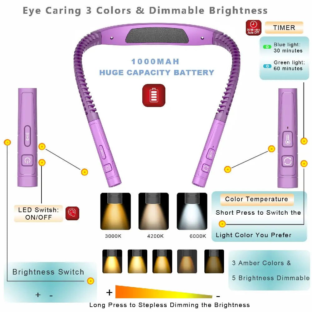 Luz LED de lectura para el cuello, 3 colores, 3 brillos, lámpara de lectura para libros, lámpara recargable por Usb, lámpara Flexible para leer el cuello y el brazo, lámpara para libros