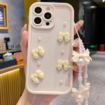 Korean 3D Bowknot Silicone Phone Case for iPhone 16 17 Pro 15 14 13 12 11 Pro Max 16E 7 8 Plus with Lanyard Soft Cover