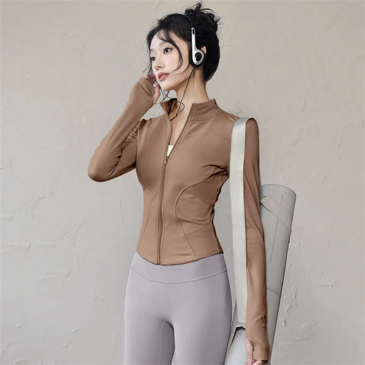 Women's Zippered Sports Jacket, Long Sleeve Slim Running Fitness Top, Quick Dry Plain Yoga Coat, Simple Casual Wear
