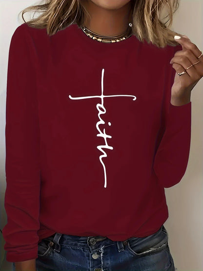 Camiseta holgada informal de algodón 100% para primavera y otoño para mujer, camiseta de manga larga con cuello redondo y estampado.