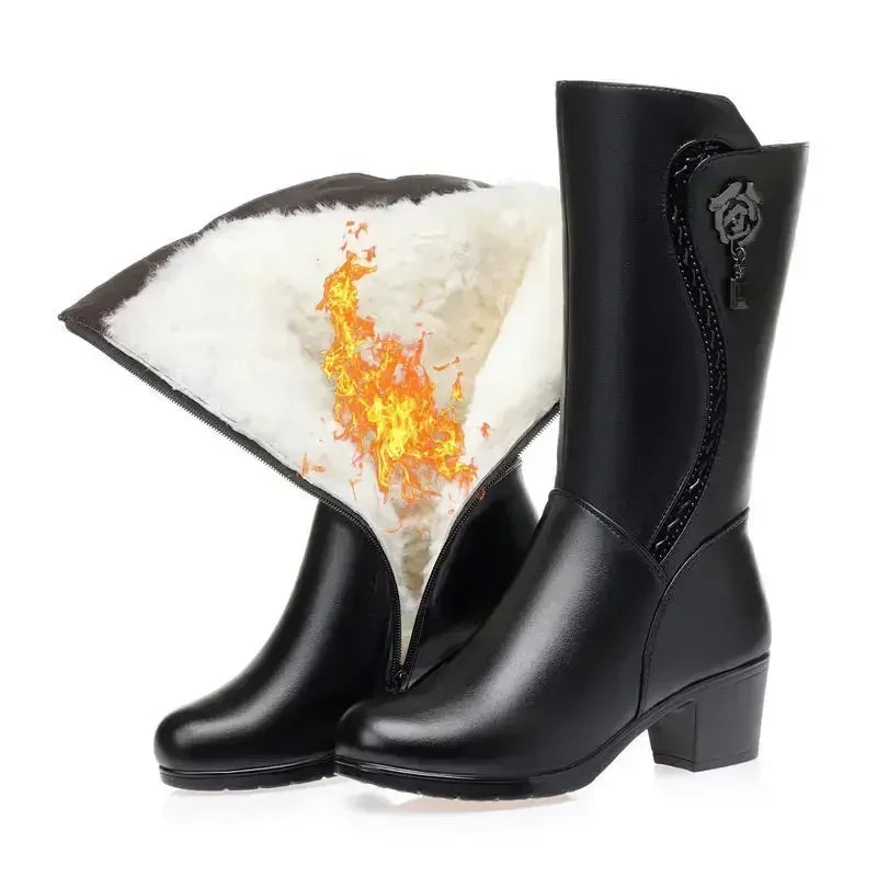 Botas de invierno para Mujer, Botas de nieve cálidas de felpa, Botas de tacón alto a media pantorrilla a la moda para Mujer, Botas de cuero de alta calidad para Mujer