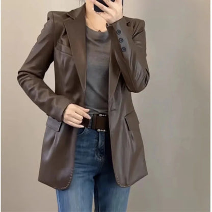Chaqueta de cuero negro de gama alta para mujer, chaqueta de traje de cuero PU ajustada a la moda para primavera y otoño, ropa de motocicleta 2026