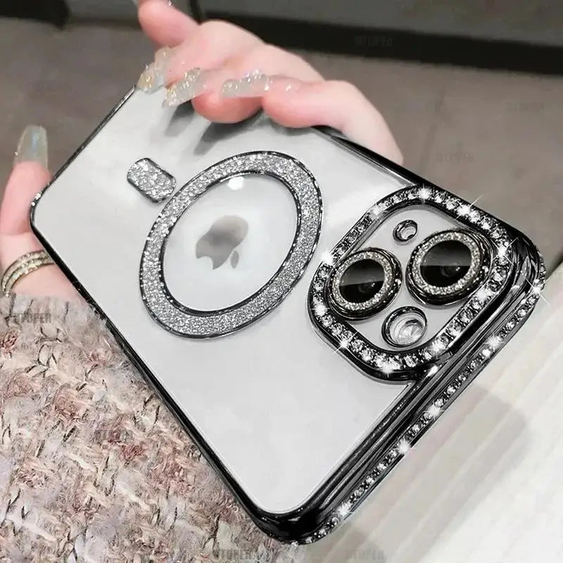 Funda de película de lente de cristal ostentoso de lujo para iPhone 15 16 11 12 13 14 Pro Max 16 Plus Magsafe cubierta transparente de carga inalámbrica magnética