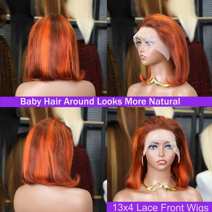 13x4 Straight Lace Front Bob Wig, 100% Human Hair, Silky Ginger Orange, 200% Density, with P4-350 Orange Highlights, Pre-Plucked