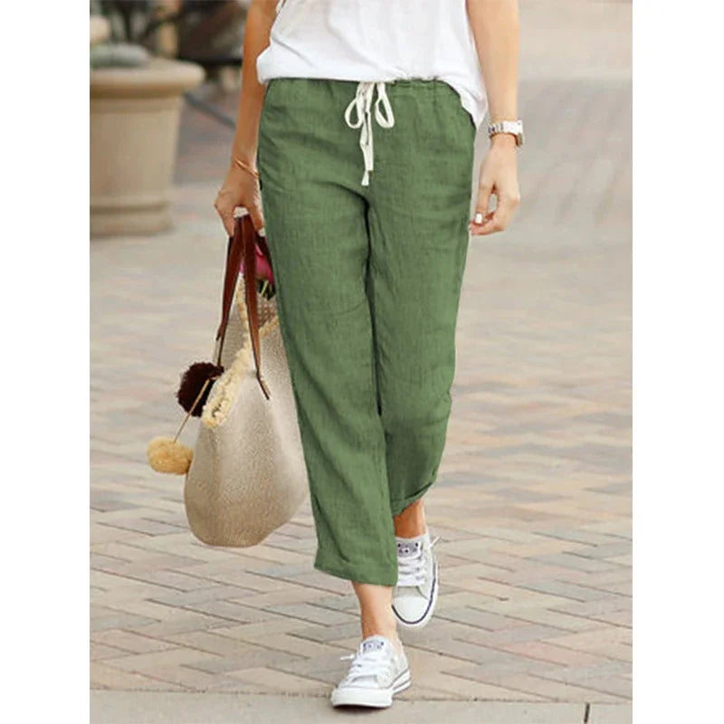 Women's Casual Linen Cotton Trousers, High Waisted Elastic Ankle-Length Solid Color Spring Summer Harem Pants with Pockets