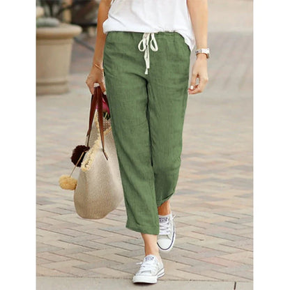 Women's Casual Linen Cotton Trousers, High Waisted Elastic Ankle-Length Solid Color Spring Summer Harem Pants with Pockets