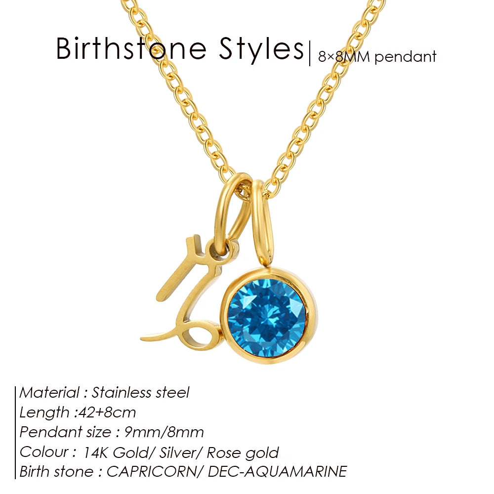 EManco - Birthstone Constellation Double Pendant Necklace, 12 Zircon Stainless Steel Jewelry, DIY Necklace.