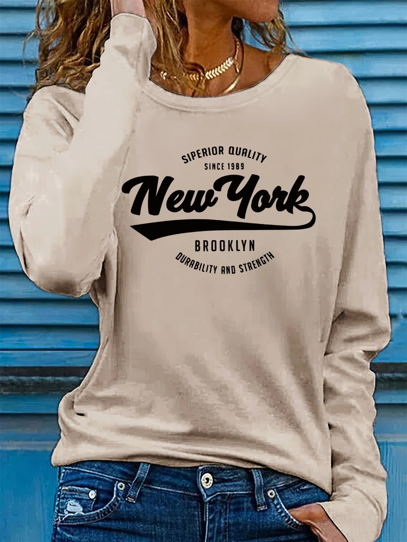 Camiseta 100% de algodón puro para mujer, camiseta holgada y cómoda con estampado de letras de NUEVA YORK, manga larga y cuello redondo, primavera y otoño