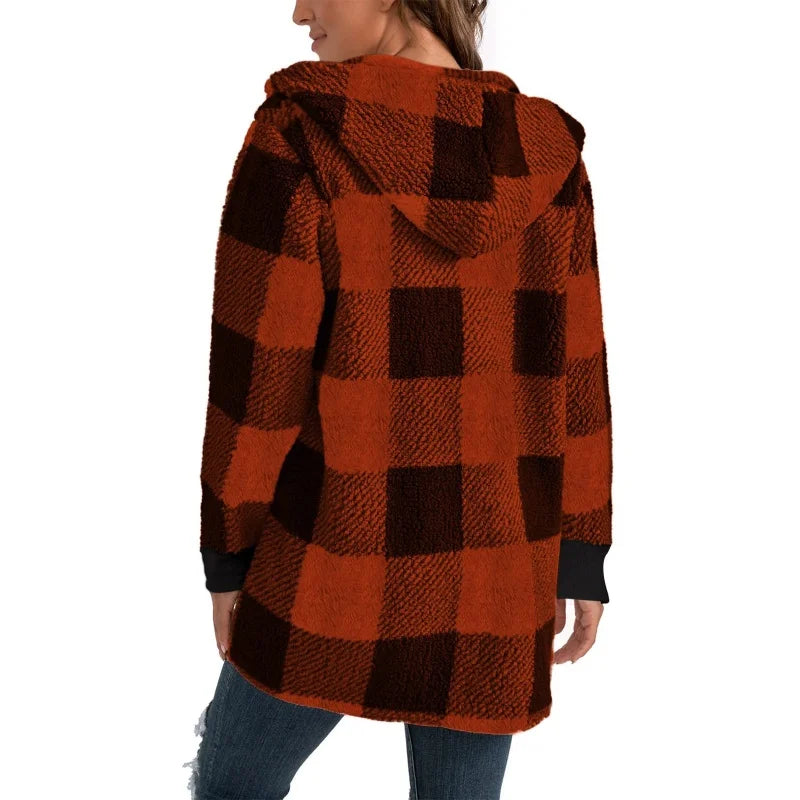 Cárdigan a cuadros de doble lana para mujer, chaqueta suave holgada de manga larga de felpa cálida con capucha, abrigo de retales para mujer, Otoño e Invierno