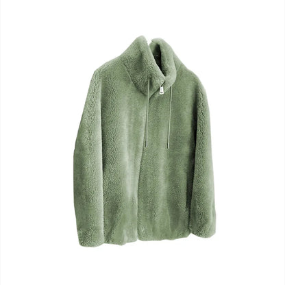 Abrigo cálido de lana Coral doble para mujer, abrigo grueso de felpa con cuello levantado, ropa informal de manga larga con cremallera a la moda para mujer