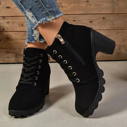 Women's Anti-slip Lace-up Boots, High Heel Shoes, Outdoor Fashion, High Quality, Autumn and Winter