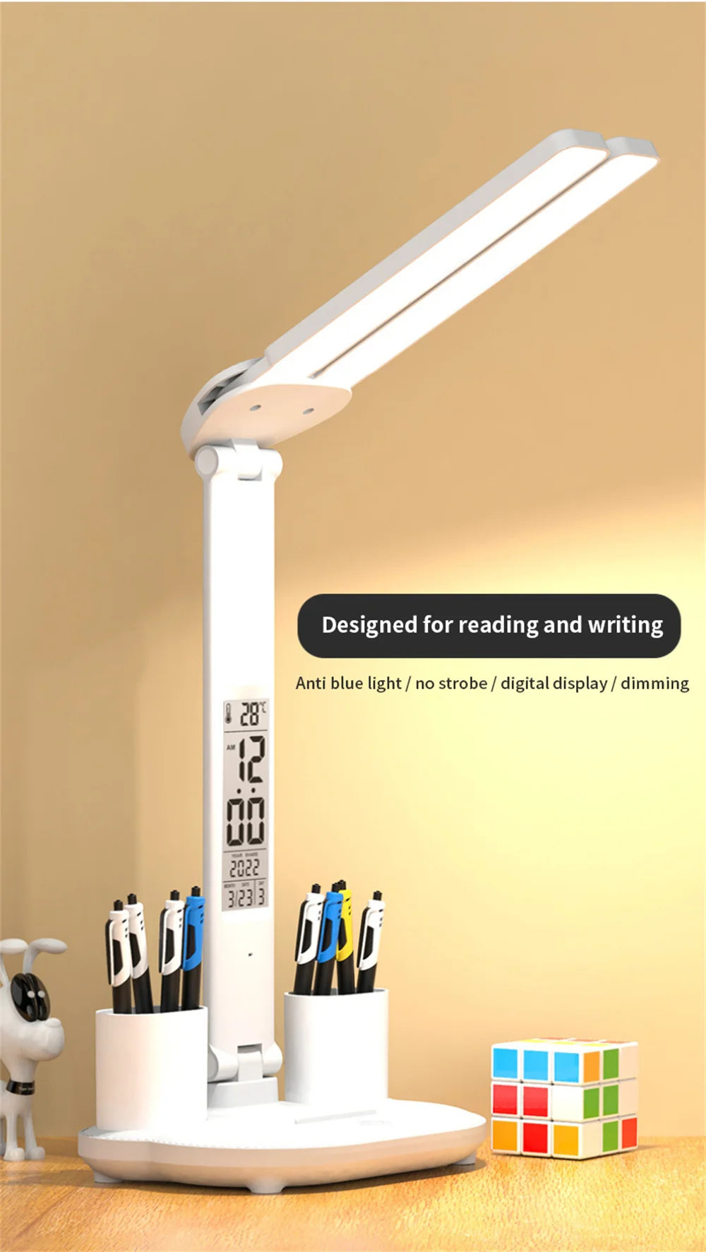 LED Desk Lamp, Dimmable Touch Folding Table Lamp with USB, Calendar, Temperature Clock, Night Light for Study, Reading Lamp