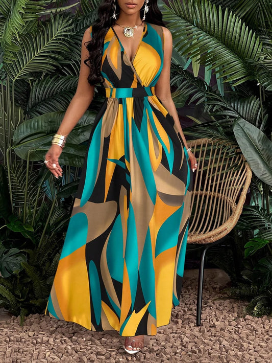 Women's long tropical print dress with V-neck, waist section, cable knit, and flared cut