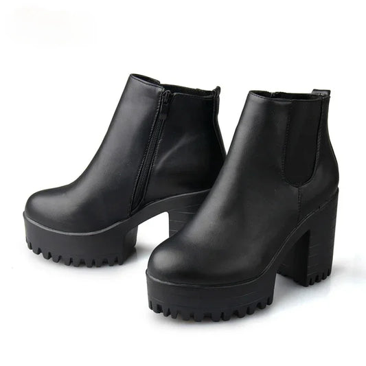 Women's Square Heel Boots, Platform Shoes, PU Leather, Thigh-High, Motorcycle
