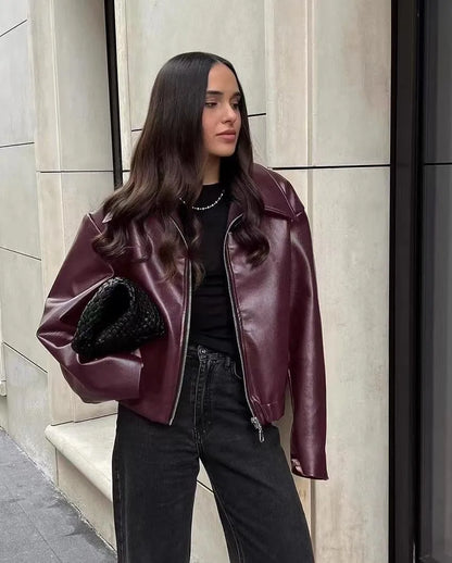 Otoño Invierno chaqueta de cuero Retro 2026 nueva chaqueta de cuero Pu para mujer solapa corta motocicleta abrigo suelto mujer abrigo de cuero de motorista