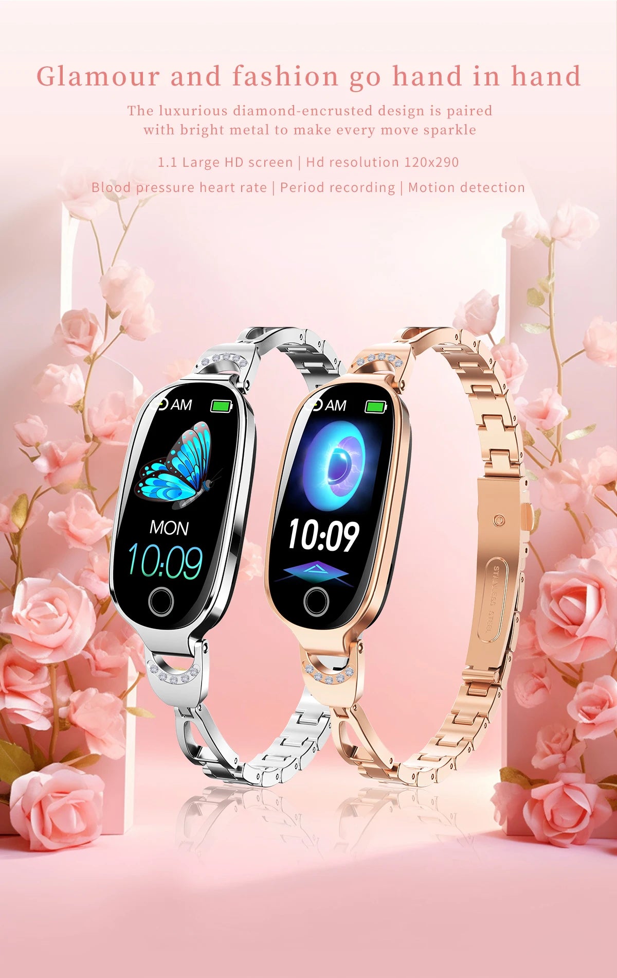 Reloj inteligente de moda para mujer con correa de caja de Metal llamadas Bluetooth recordatorio Menstrual femenino Monitor de presión arterial y frecuencia cardíaca
