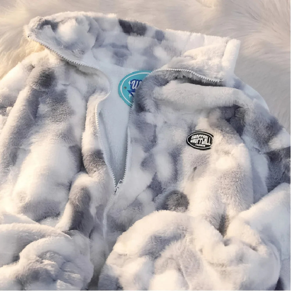 Nueva chaqueta de lana de cordero teñida anudada para mujer, prendas de vestir exteriores con cremallera para otoño e invierno, chaquetas cálidas de felpa, abrigo grueso holgado informal Harajuku para mujer