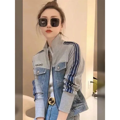 Otoño mujer cuello alto cremallera Denim abrigo coreano señoras Patchwork vaquero prendas de vestir 2025 mujer chaqueta vaquera de manga larga