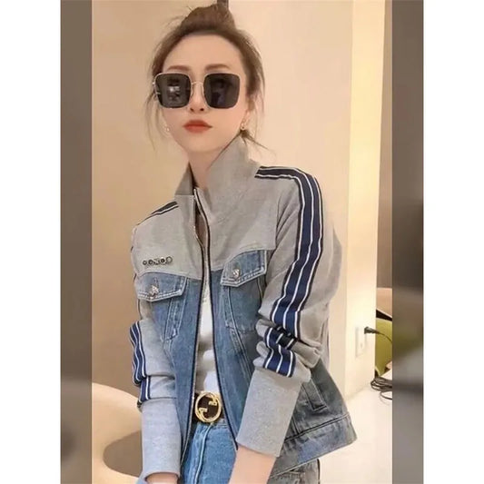 Autumn women's turtleneck zipper denim coat Korean ladies patchwork cowboy outerwear 2025 women's long sleeve denim jacket