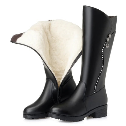 WOIZGIC Women's Genuine Leather Boots, Wool Platform Snow Boots, Plush Fur Warm Winter Mid-heel Zipper, Sizes 35-43