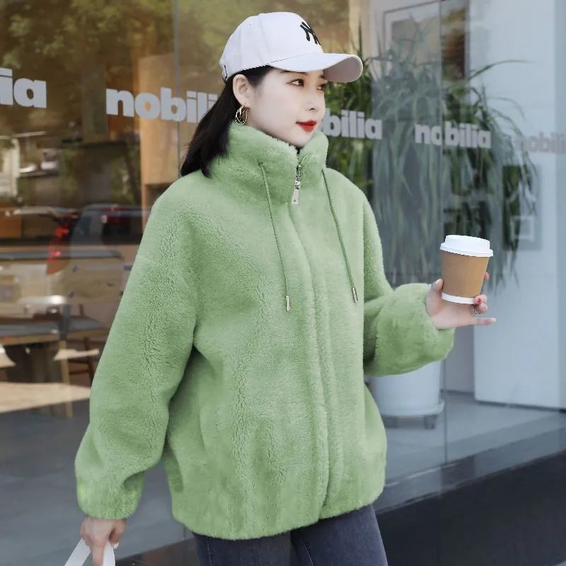 Abrigo cálido de lana Coral doble para mujer, abrigo grueso de felpa con cuello levantado, ropa informal de manga larga con cremallera a la moda para mujer
