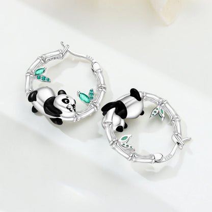 Pendientes de aro de bambú para mujer, de Plata de Ley 925 originales, con bonito Panda, joyería fina, regalos de fiesta de cumpleaños