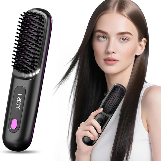Hair Straightening Brush with LCD Display, Wireless USB Charging Straightener, Mini Portable Straightening Brush for Home Travel