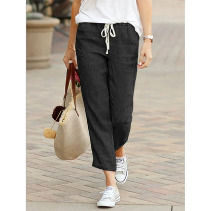 Women's Casual Linen Cotton Trousers, High Waisted Elastic Ankle-Length Solid Color Spring Summer Harem Pants with Pockets