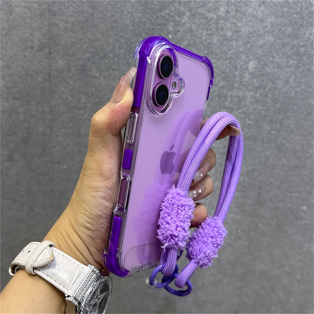 Armadura de parachoques híbrida transparente con correa para la muñeca para iPhone 15 11 12 13 14 16 Pro Max Plus X XS XR cubierta de bolsa de aire a prueba de golpes.