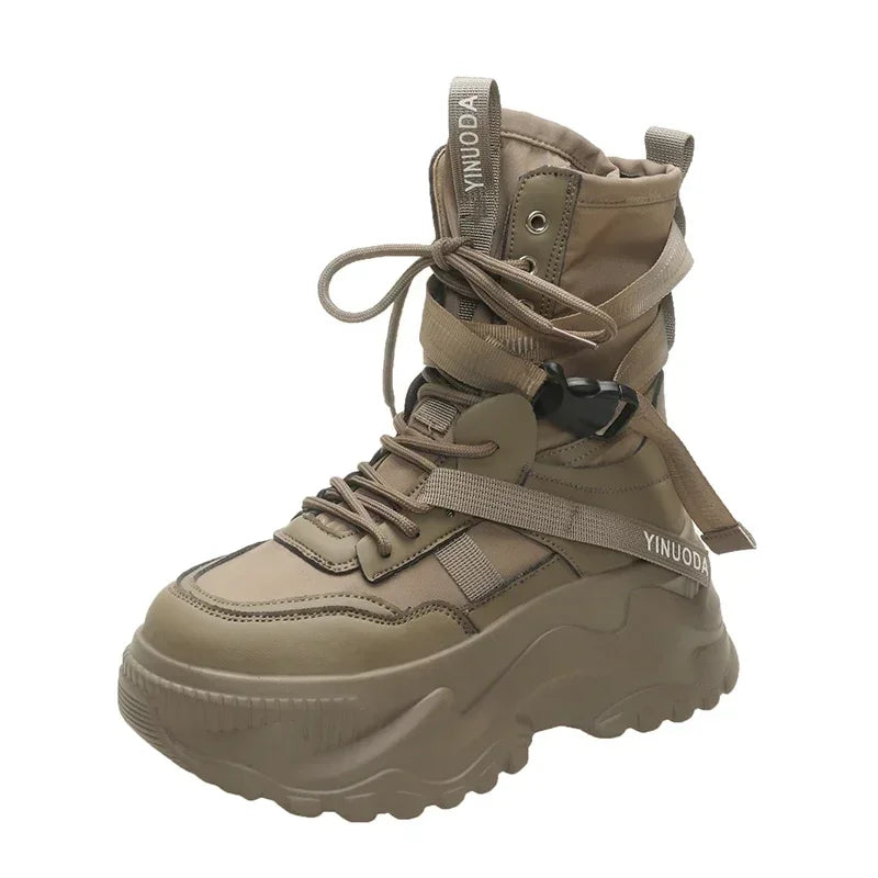 Botas De moto con plataforma gruesa para Mujer, zapatos blancos con cordones y parte inferior gruesa, botines De Mujer para Otoño e Invierno